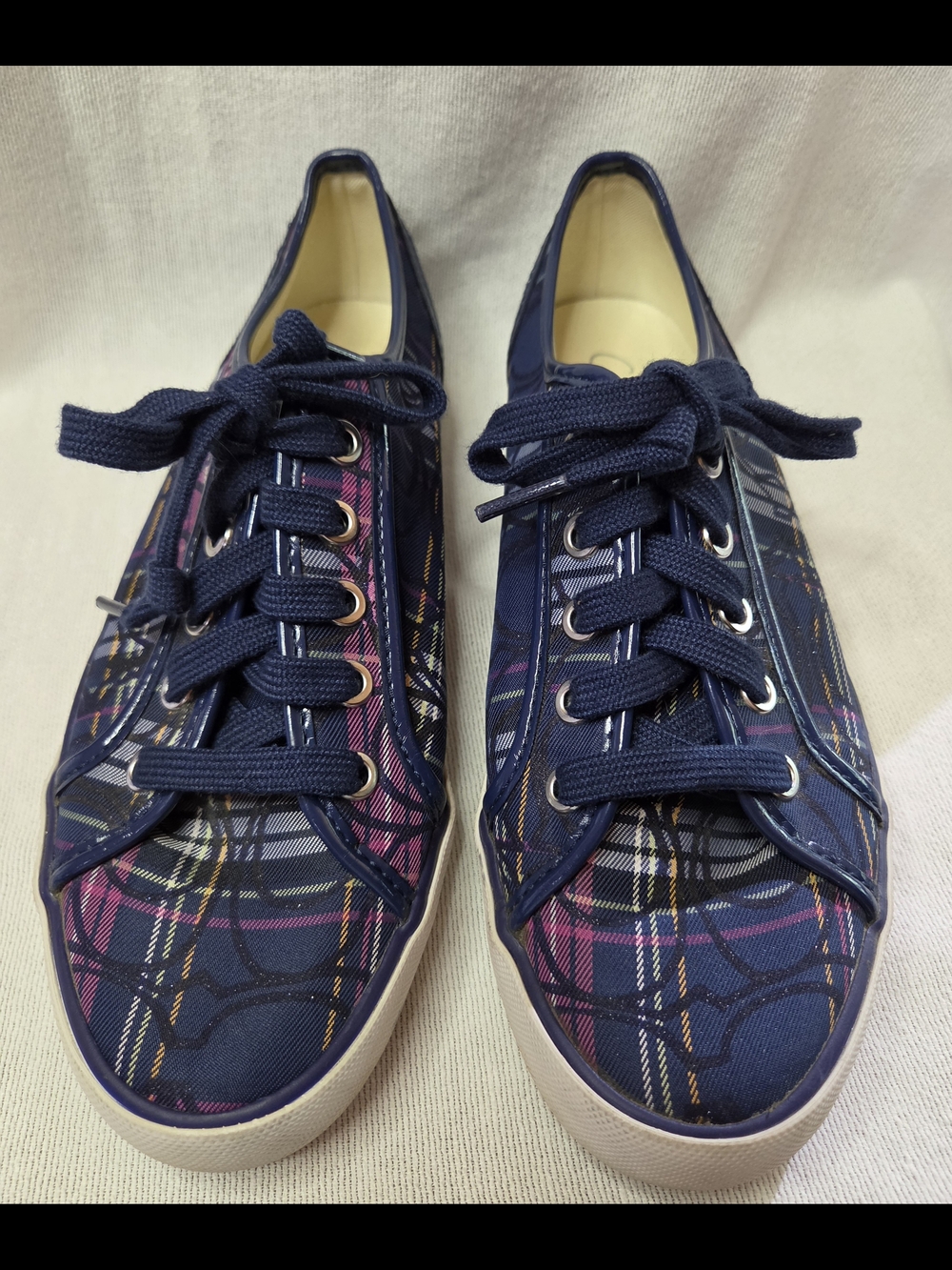 Coach Dee Tartan Purple / Blue Glitter Plaid Monogram Poppy Sneakers Size 6 1/2